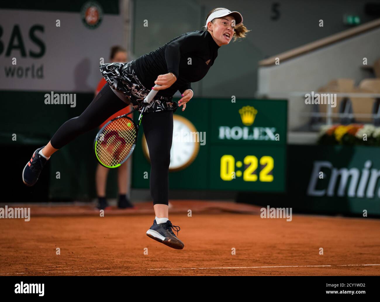 Paris, France. 1st Oct 2020. Jelena Ostapenko of Latvia in action against  Karolina Pliskova of the Czech Republic during the second round at the  Roland Garros 2020, Grand Slam tennis tournament, on