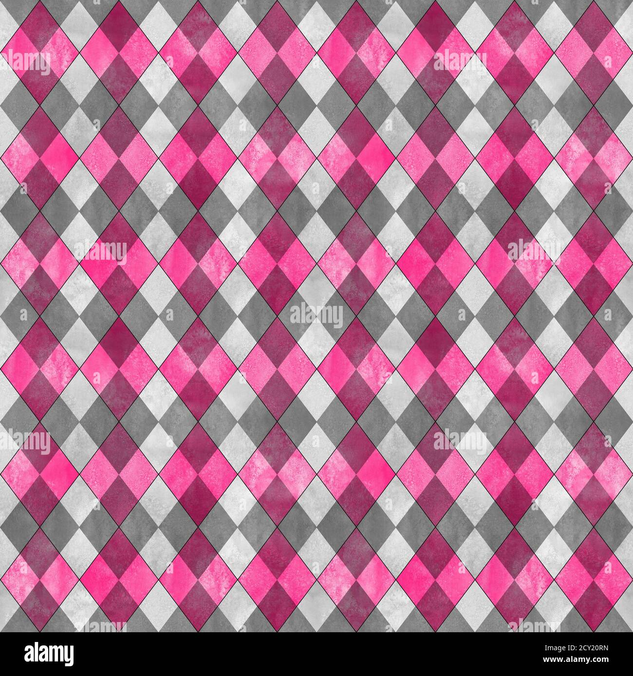 Argyle seamless plaid pattern. Watercolor hand drawn gray and pink texture background. Watercolour diamond shapes background. Print for cloth design, Stock Photo