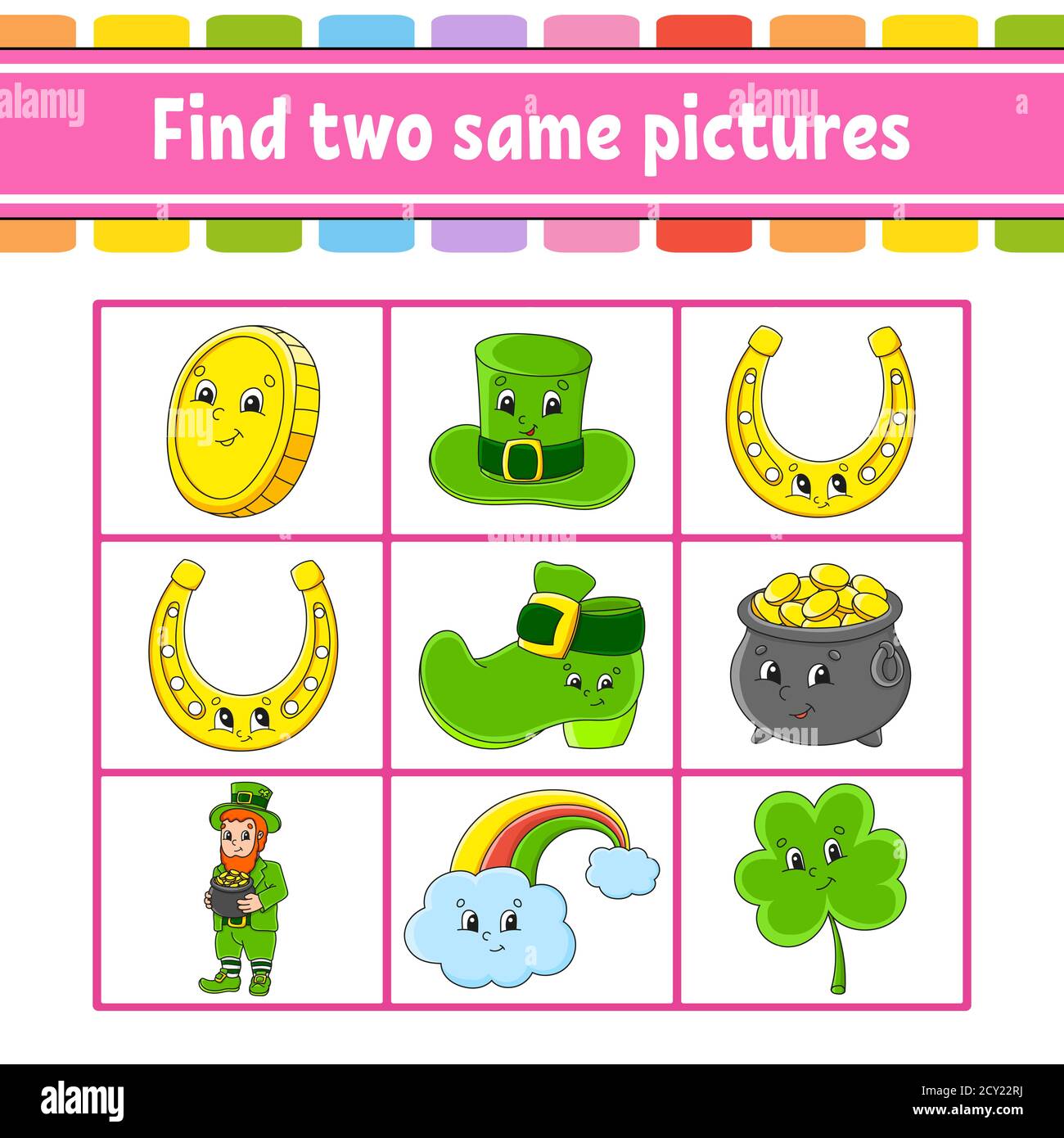 Find two same pictures. Task for kids. St. Patrick's day. Education developing worksheet. Activity page. Color game for children. Funny character. Iso Stock Vector