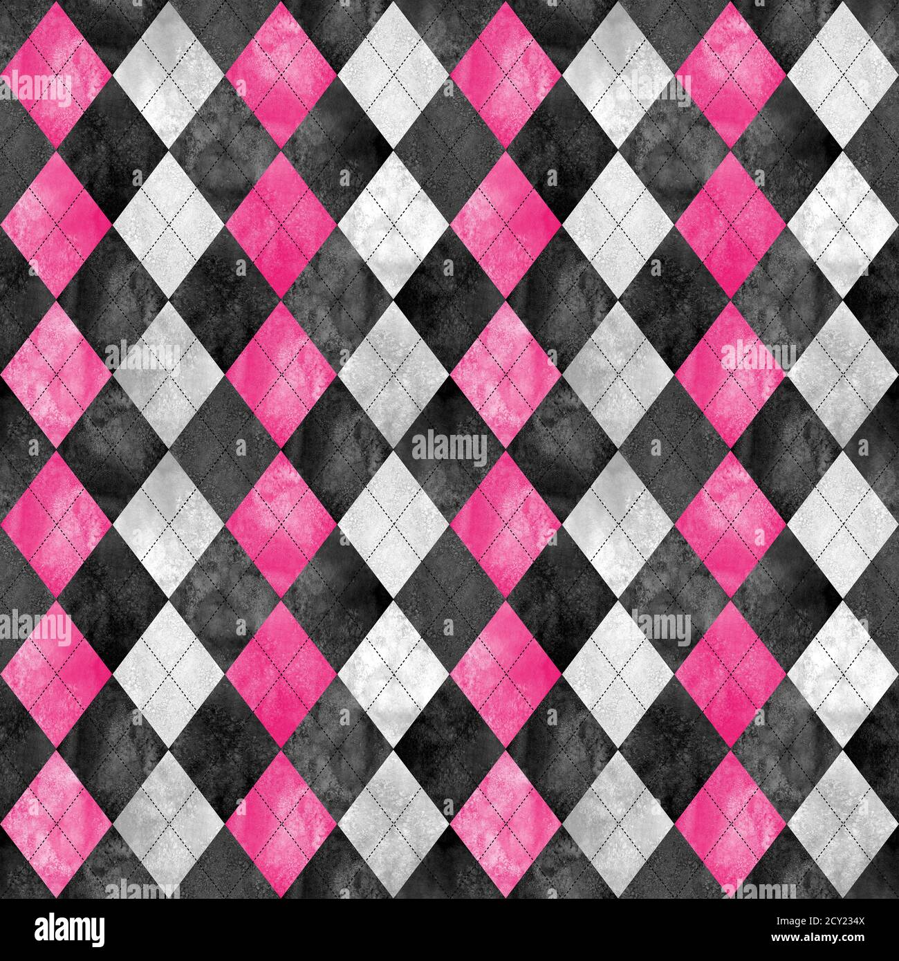 Argyle seamless plaid pattern. Watercolor hand drawn black gray pink texture background. Watercolour diamond shapes background. Print for cloth design Stock Photo