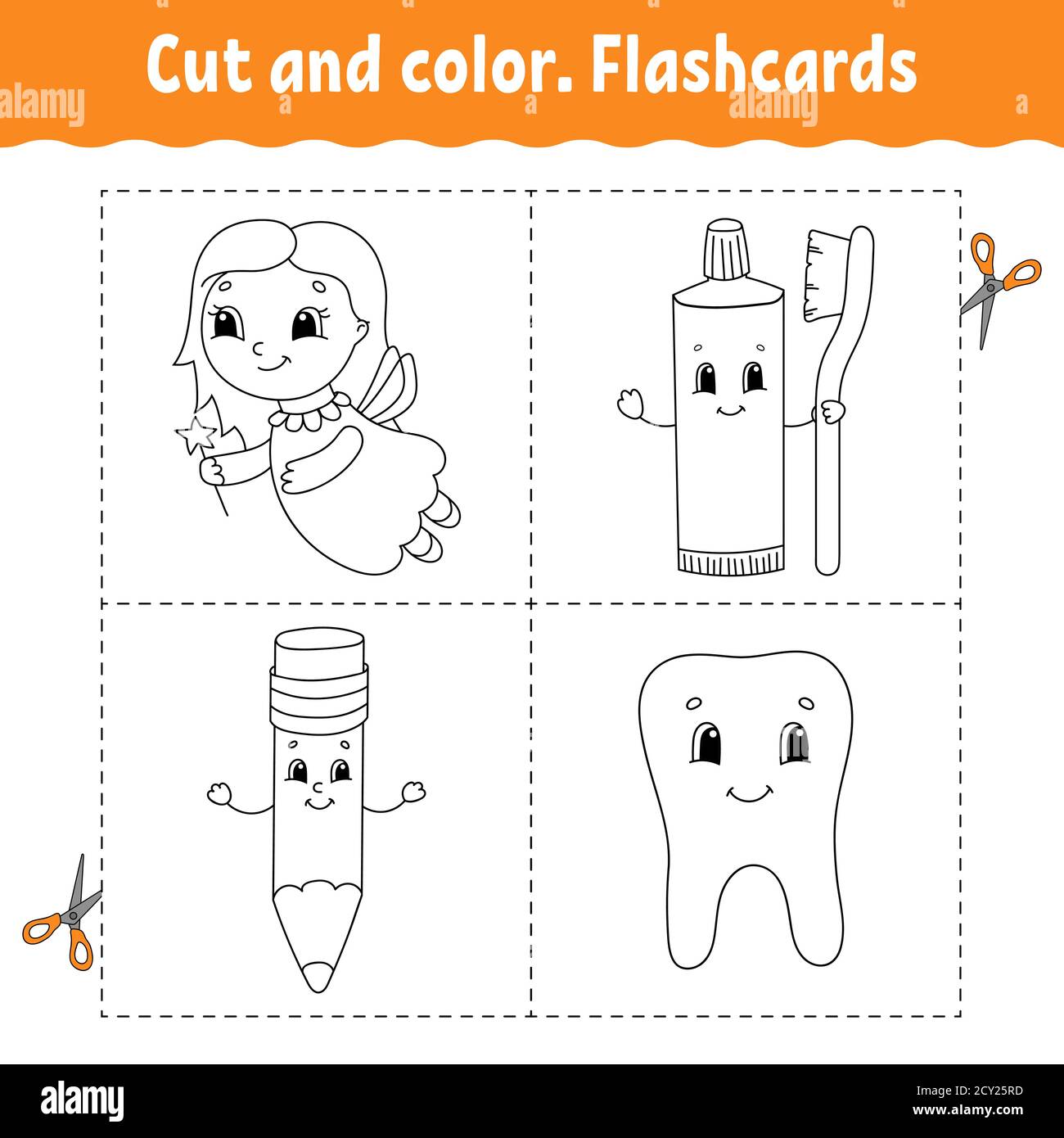 Cut and color. Flashcard Set. Coloring book for kids. Cartoon character. Stock Vector