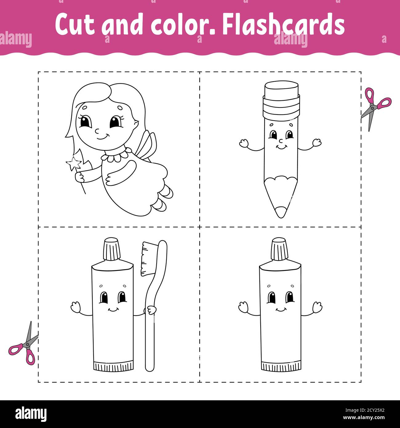 Cut and color. Flashcard Set. Coloring book for kids. Cartoon character. Stock Vector