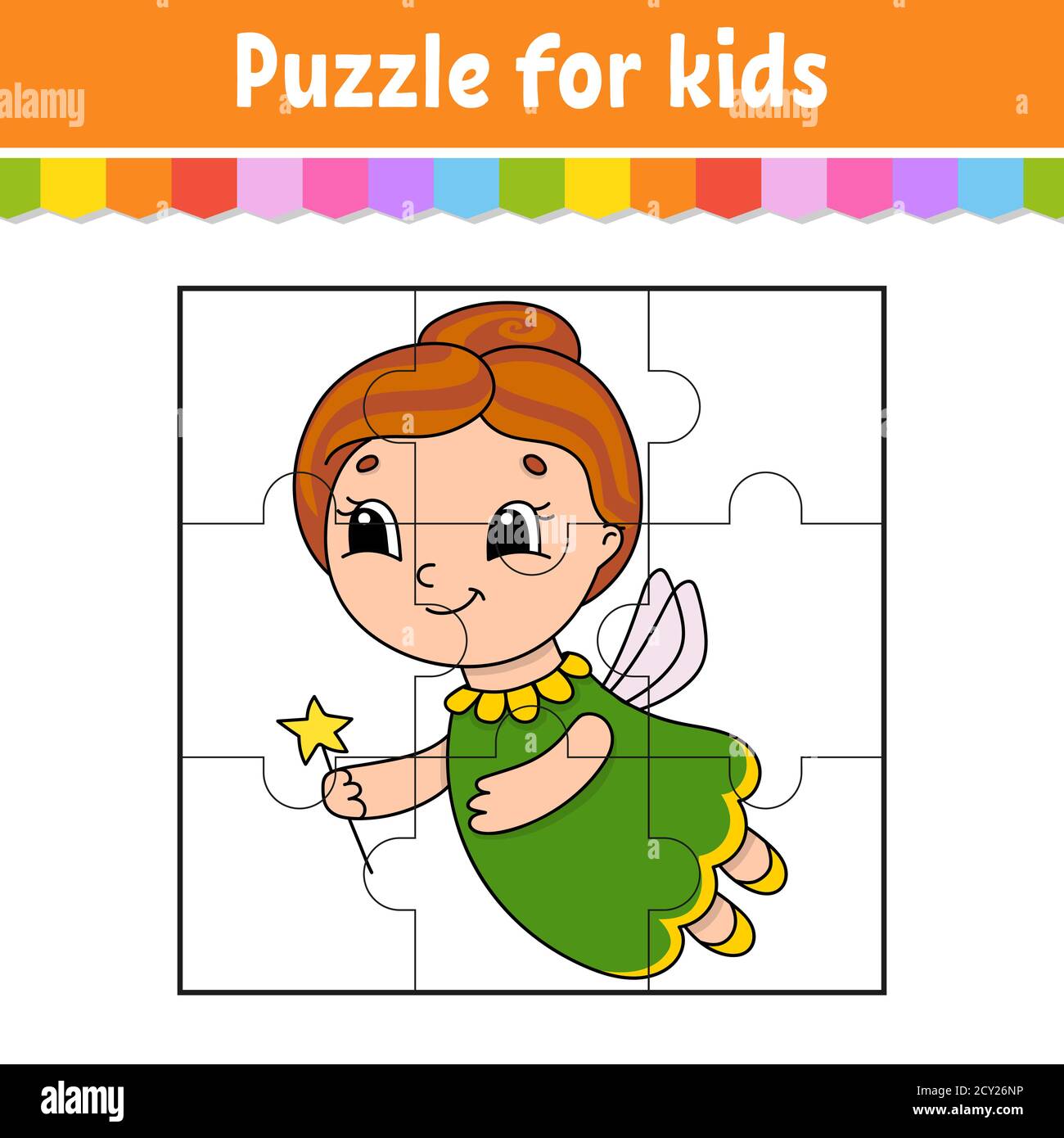 Puzzle game for kids. Jigsaw pieces. Color worksheet. Activity page