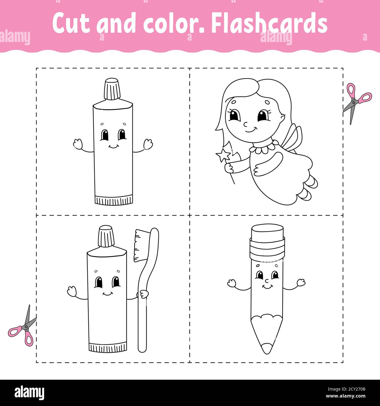 Cut and color. Flashcard Set. Coloring book for kids. Cartoon character. Stock Vector