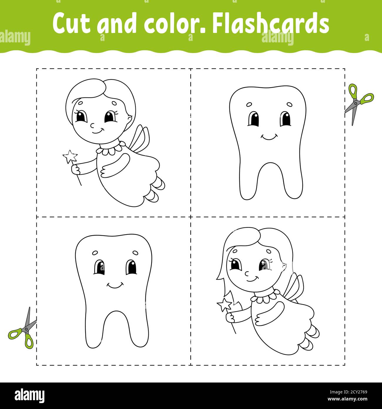 Cut and color. Flashcard Set. Coloring book for kids. Cartoon character. Stock Vector