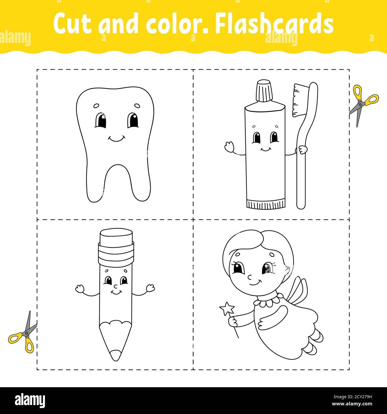 Cut and color. Flashcard Set. Coloring book for kids. Cartoon character. Stock Vector