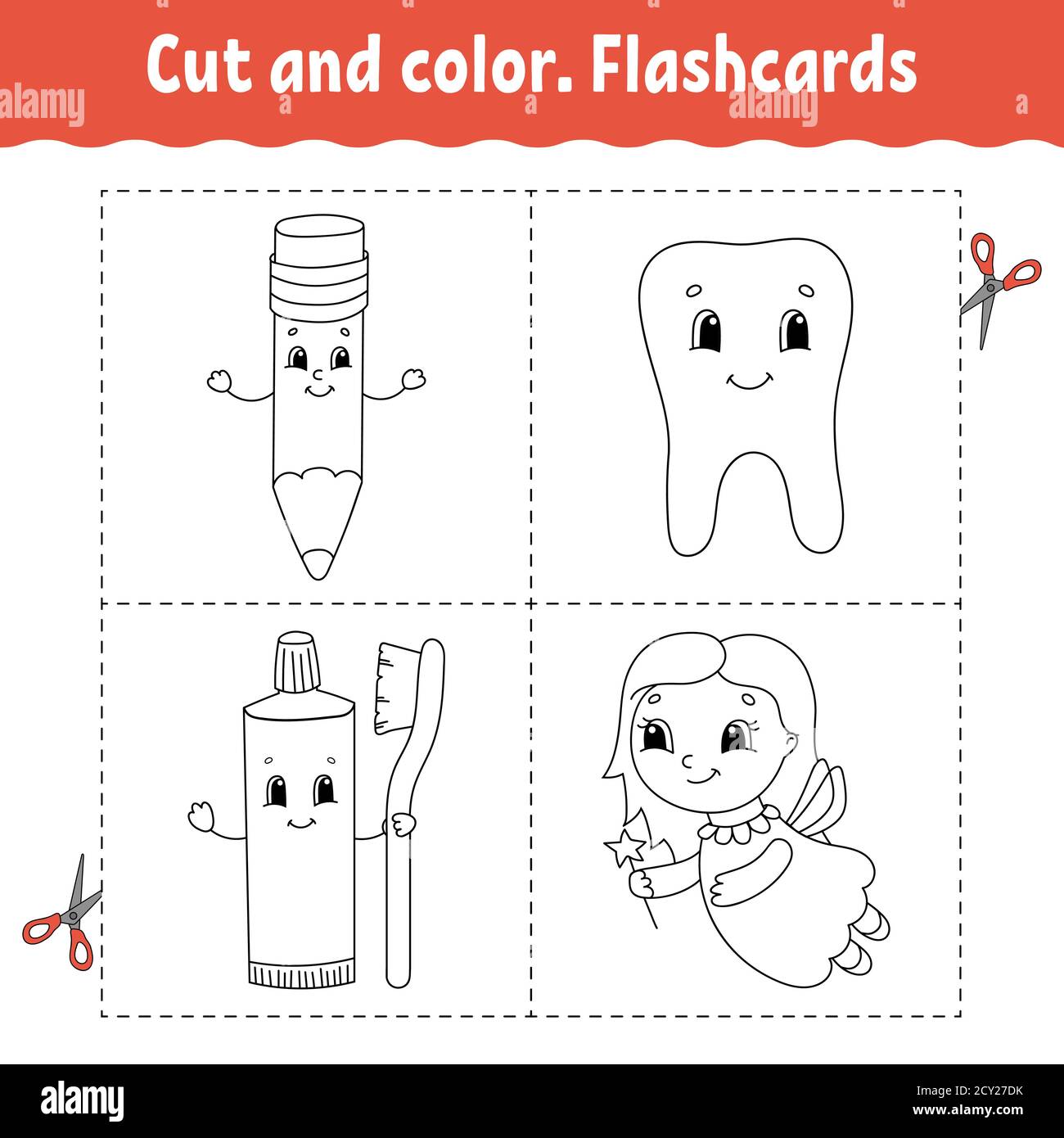 Cut and color. Flashcard Set. Coloring book for kids. Cartoon character. Stock Vector