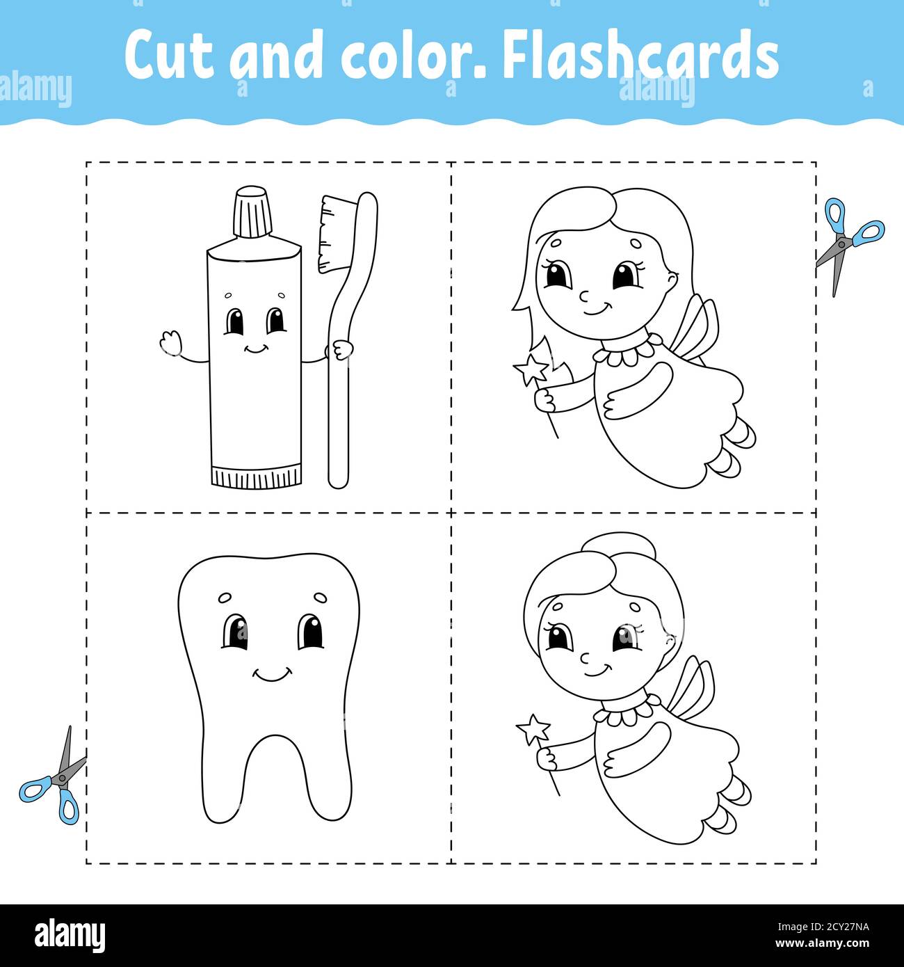 Cut and color. Flashcard Set. Coloring book for kids. Cartoon character. Stock Vector