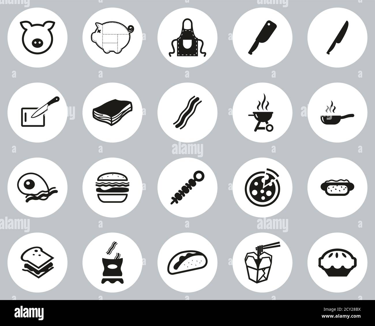 Bacon Icons Black & White Flat Design Circle Set Big Stock Vector Image ...