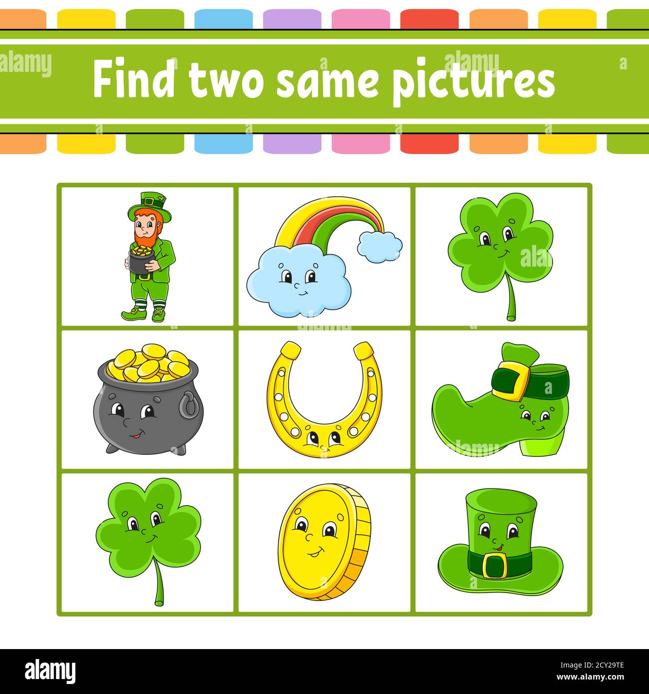 Find two same pictures. Task for kids. St. Patrick's day. Education developing worksheet. Activity page. Color game for children. Funny character. Iso Stock Vector