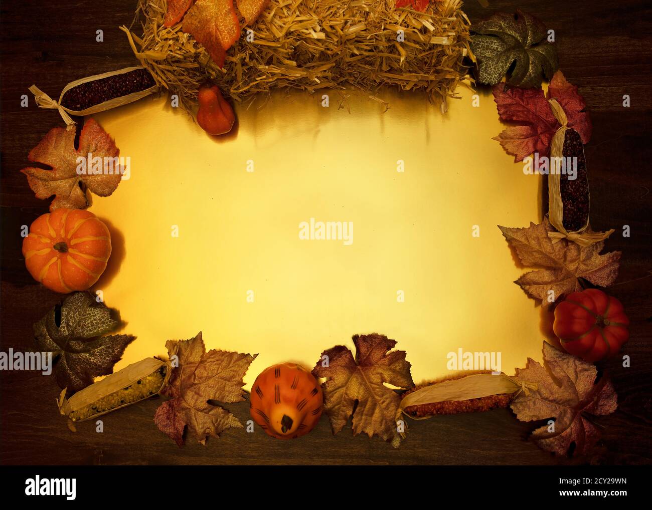 Flat lay frame formed by fall harvest items with gold center Stock ...