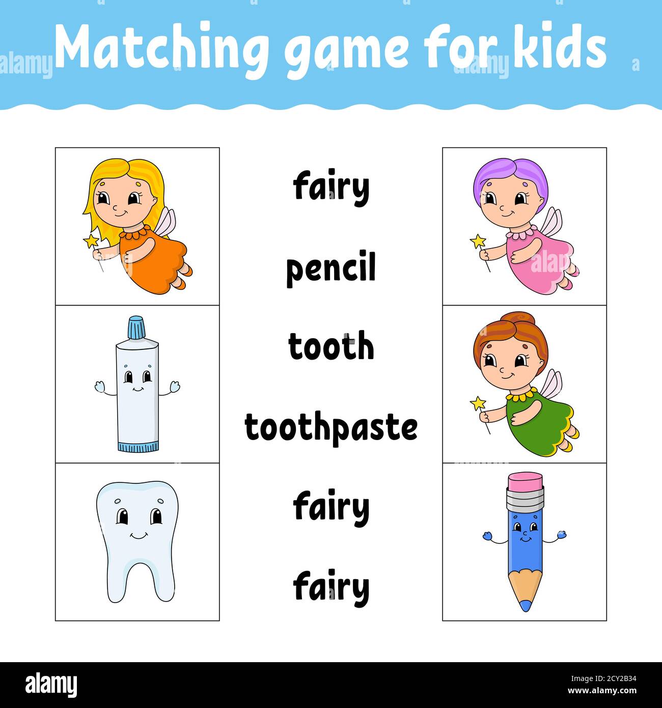 Matching game for kids. Find the correct answer. Draw a line. Learning words. Activity worksheet. Cartoon character. Stock Vector