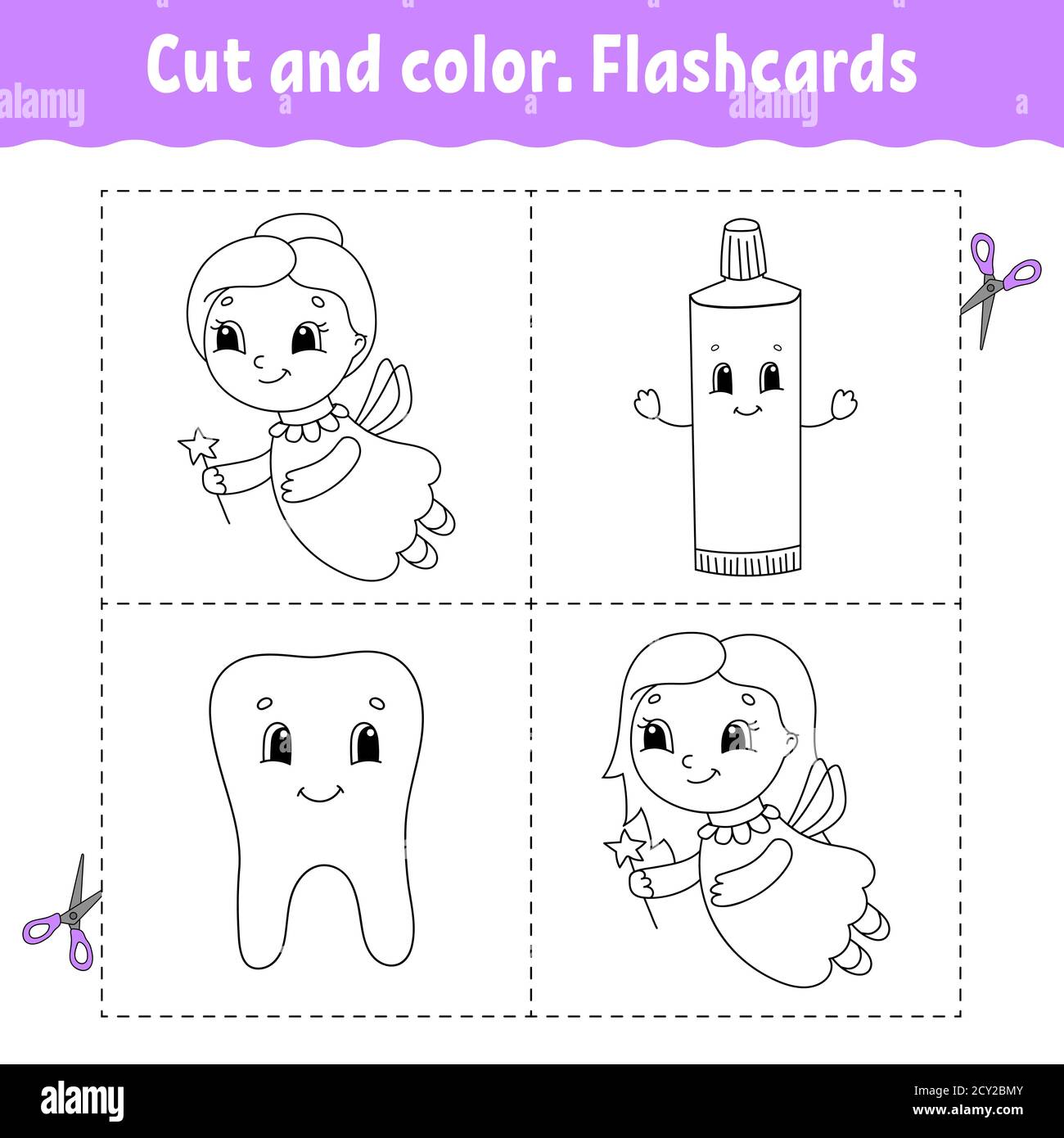 Cut and color. Flashcard Set. Coloring book for kids. Cartoon character. Stock Vector