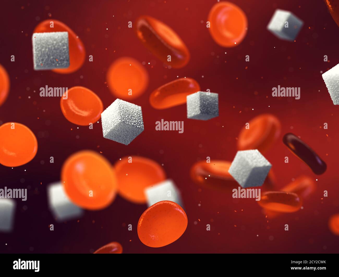 Blood cells and sugar cubes, Diabetes is a metabolic disorder caused by high levels of blood sugar Stock Photo