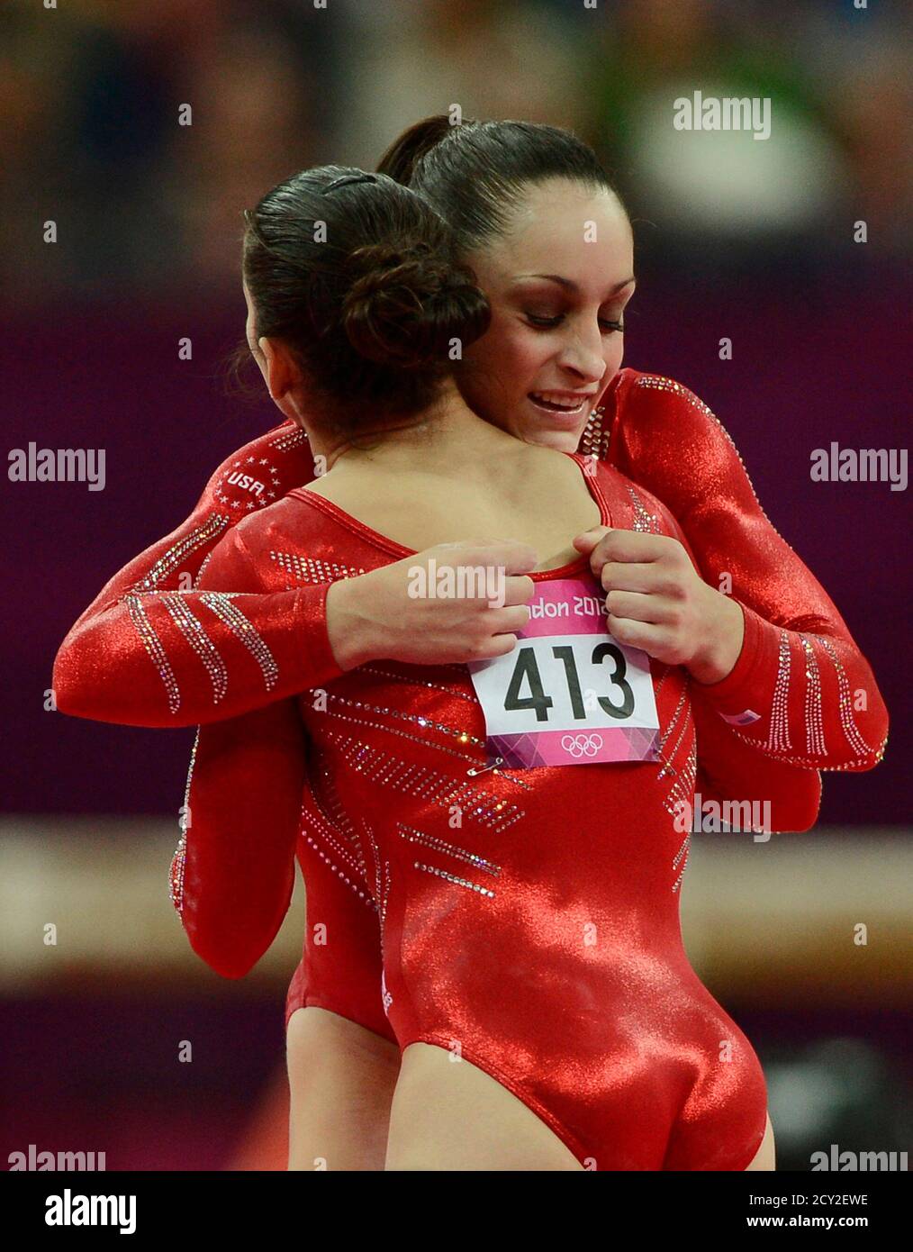 Alexandra Raisman Of The U S L Is Embraced By Teammate Jordyn Wieber During The Women S Gymnastics Team Final In The North Greenwich Arena At The London 12 Olympic Games July 31 12