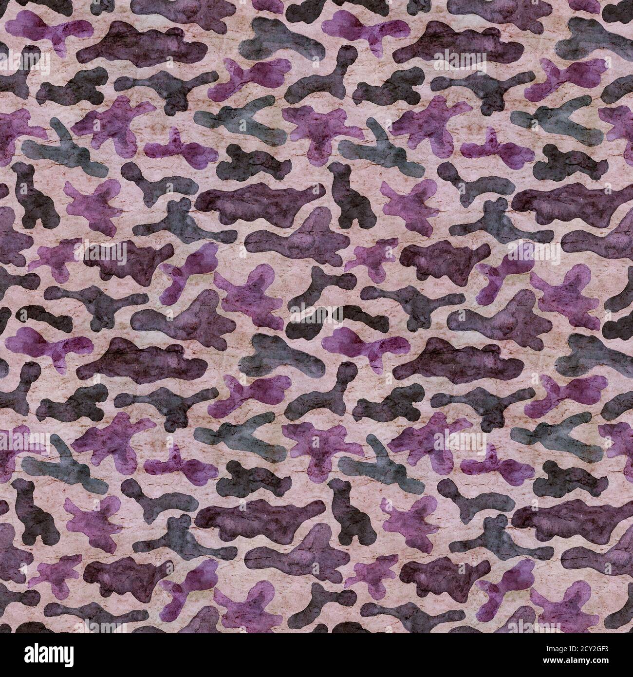 Fashion military hunting camouflage abstract background. Seamless woodland pattern. Brown, pink, purple and blue colors forest texture. Watercolor han Stock Photo