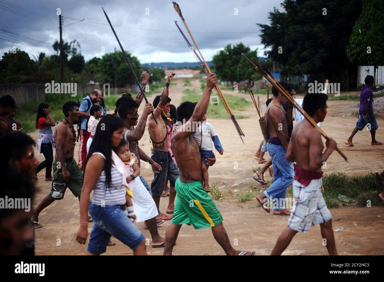Members of the Munduruku Amazon Indian tribe, from the Tapajos and Teles  Pires river basins, hold a protest march after a meeting to discuss their  opposition to the government's plans to build