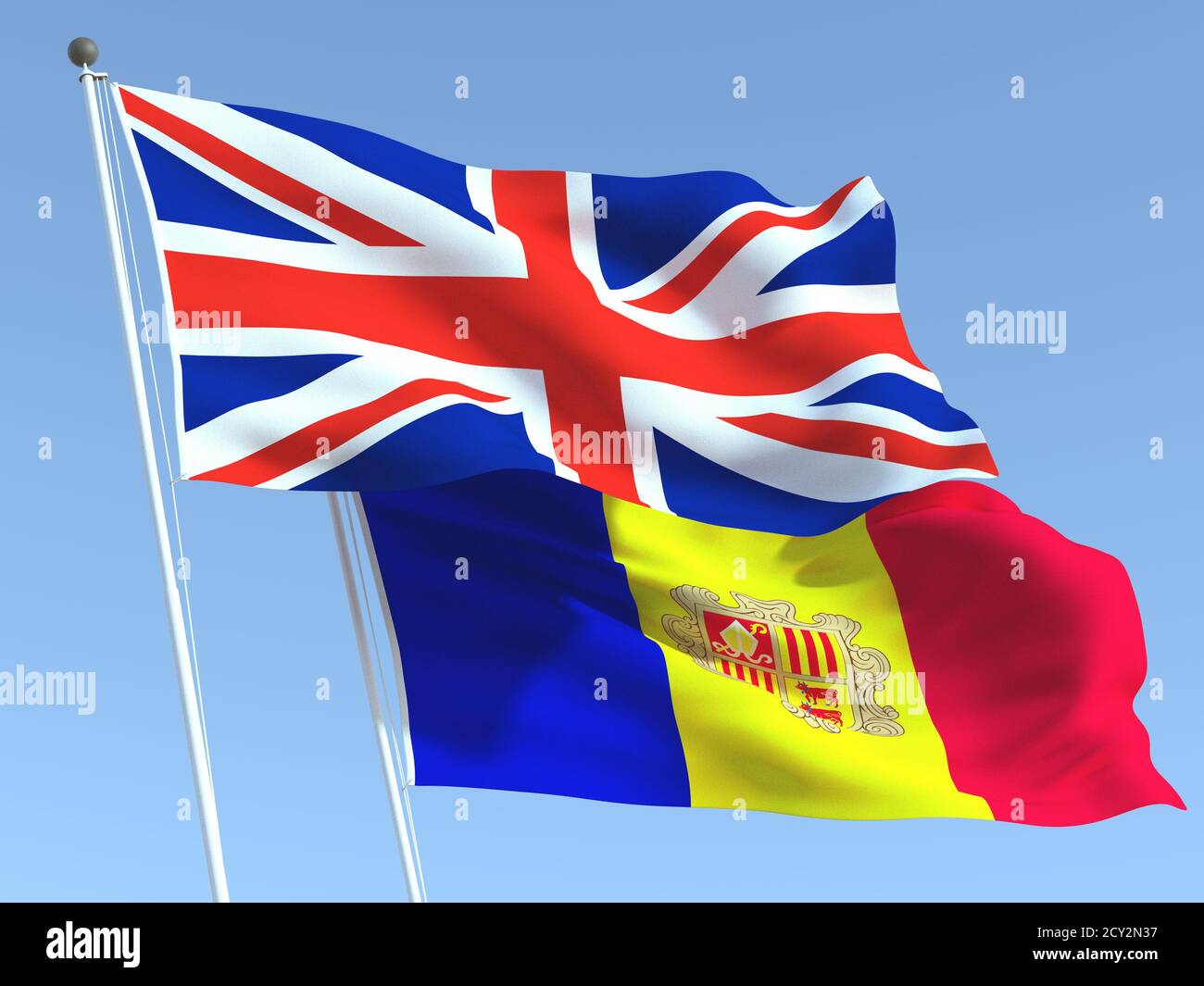 Two waving state flags of United Kingdom and Andorra on the blue sky. High - quality business background. 3d illustration Stock Photo