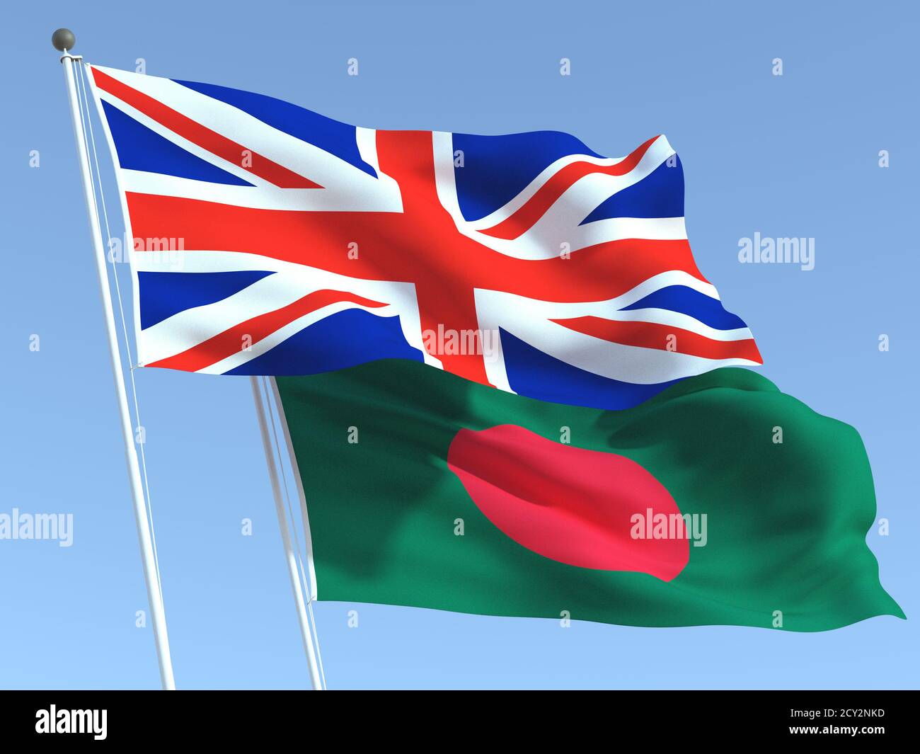 Two waving state flags of United Kingdom and Bangladesh on the blue sky. High - quality business background. 3d illustration Stock Photo