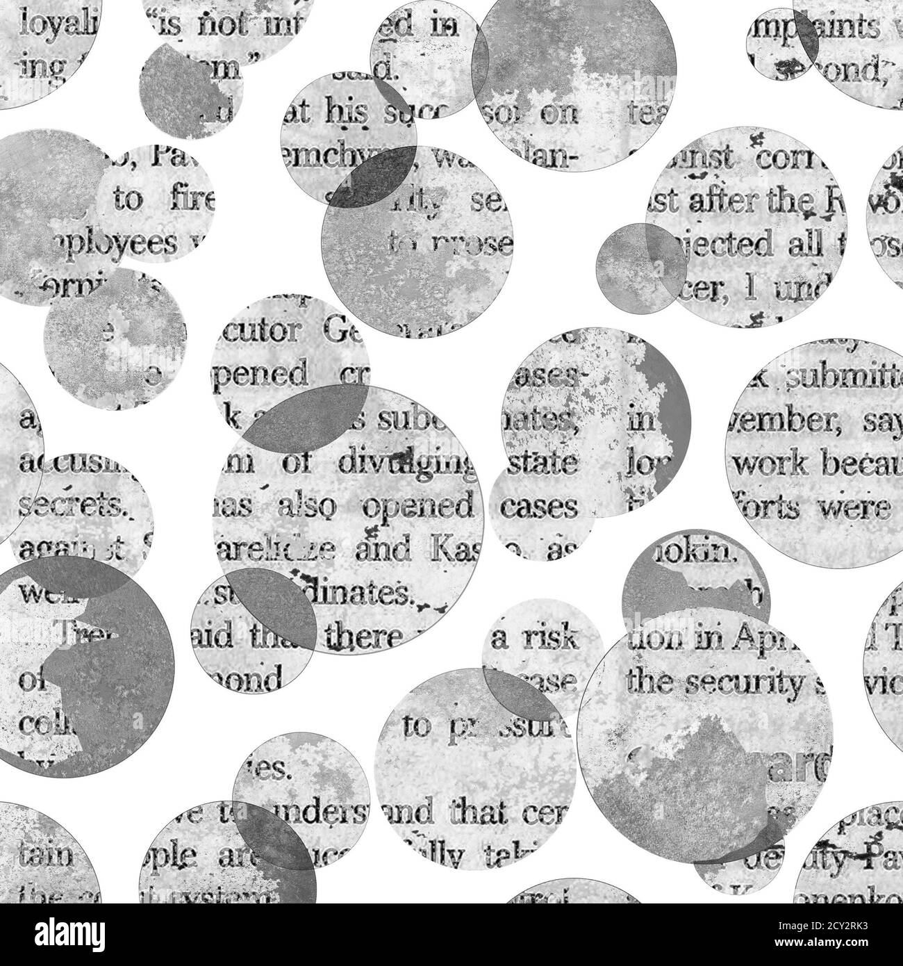 Newspaper aged old vintage collage clippings with mixed unreadable text on white background. Newspaper texture. Stock Photo
