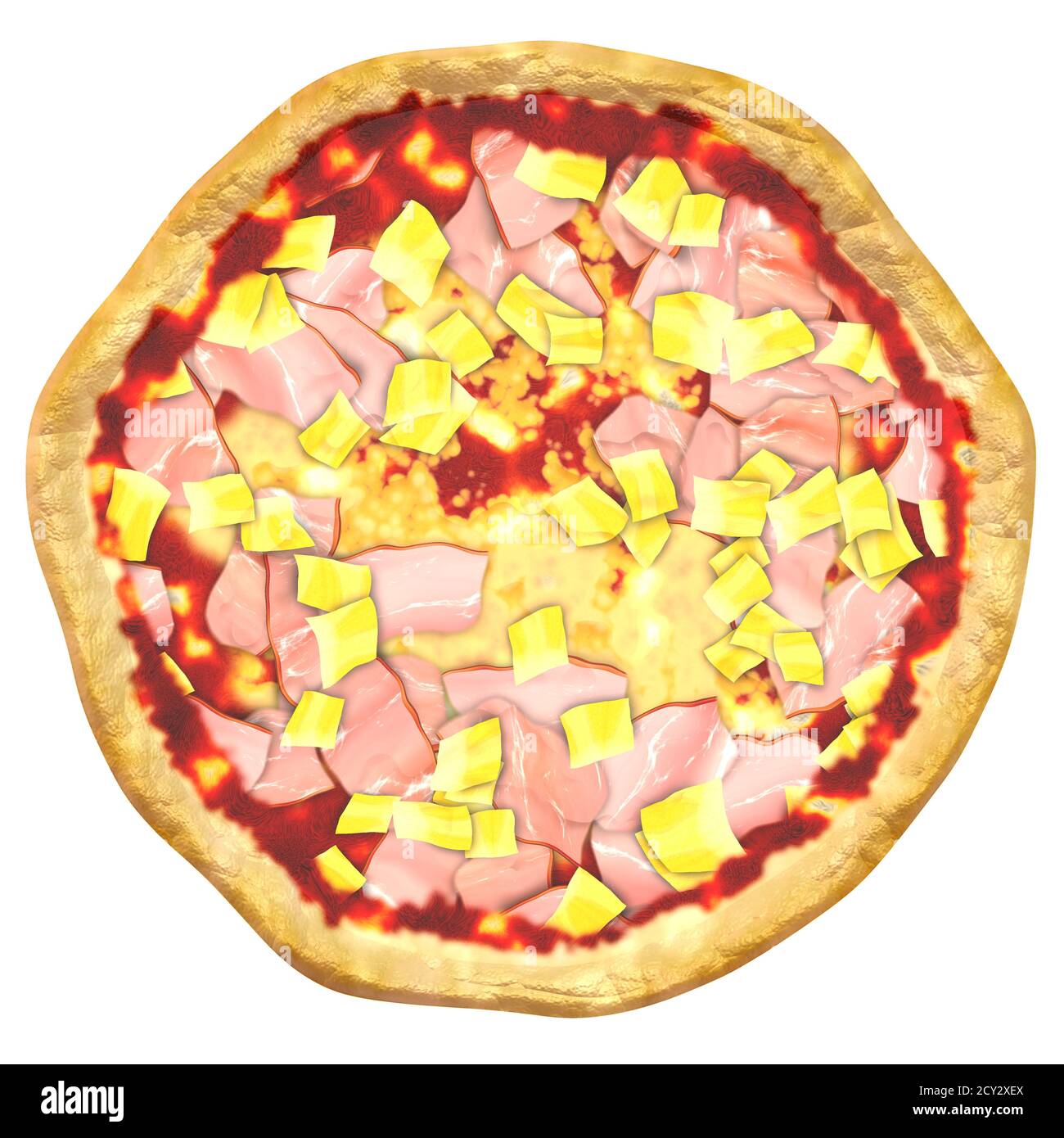 Appetizing 3-D Illustration of baked Hawaii pizza with tomato sauce, shredded Mozzarella Cheese, cooked ham, pineapple chunks, sea salt, small bacon s Stock Photo