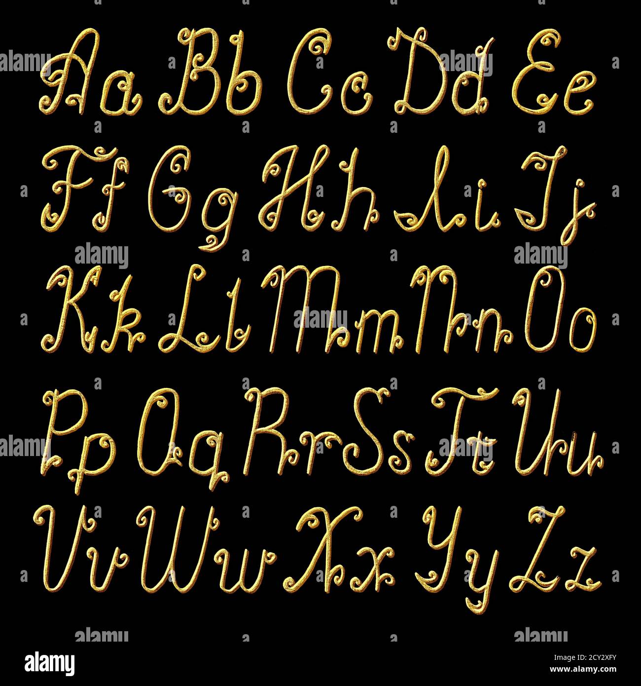 Gold 3d letters alphabet. Golden handwritten glitter brushed thin shiny 3d  alphabet font isolated on black background. Set of unique hand drawn brush  Stock Photo - Alamy