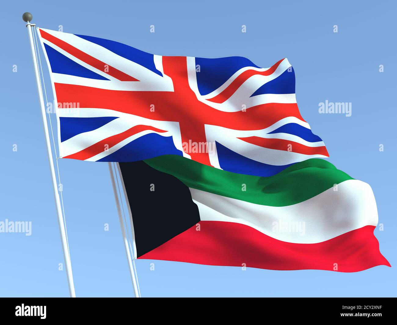 Two waving state flags of United Kingdom and Kuwait on the blue sky. High - quality business background. 3d illustration Stock Photo