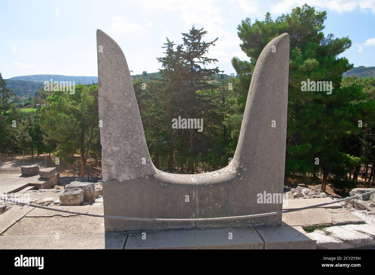 Decorative Horns near ruins of Knossos palace in Crete, Greece Stock