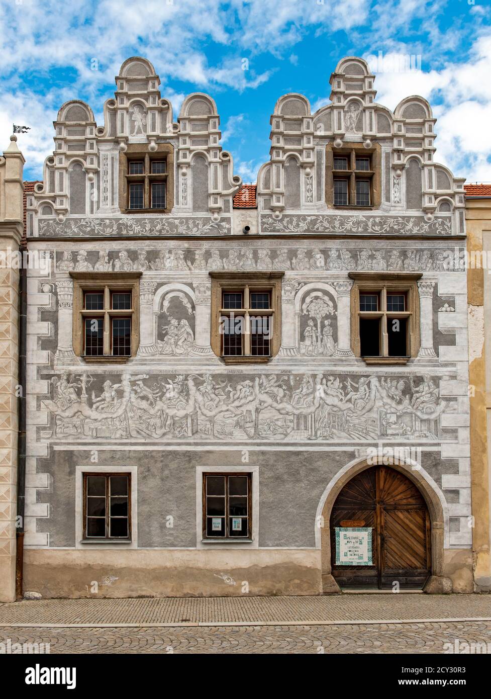 House with sgraffito covered facade in Slavonice, Czech Republic Stock Photo