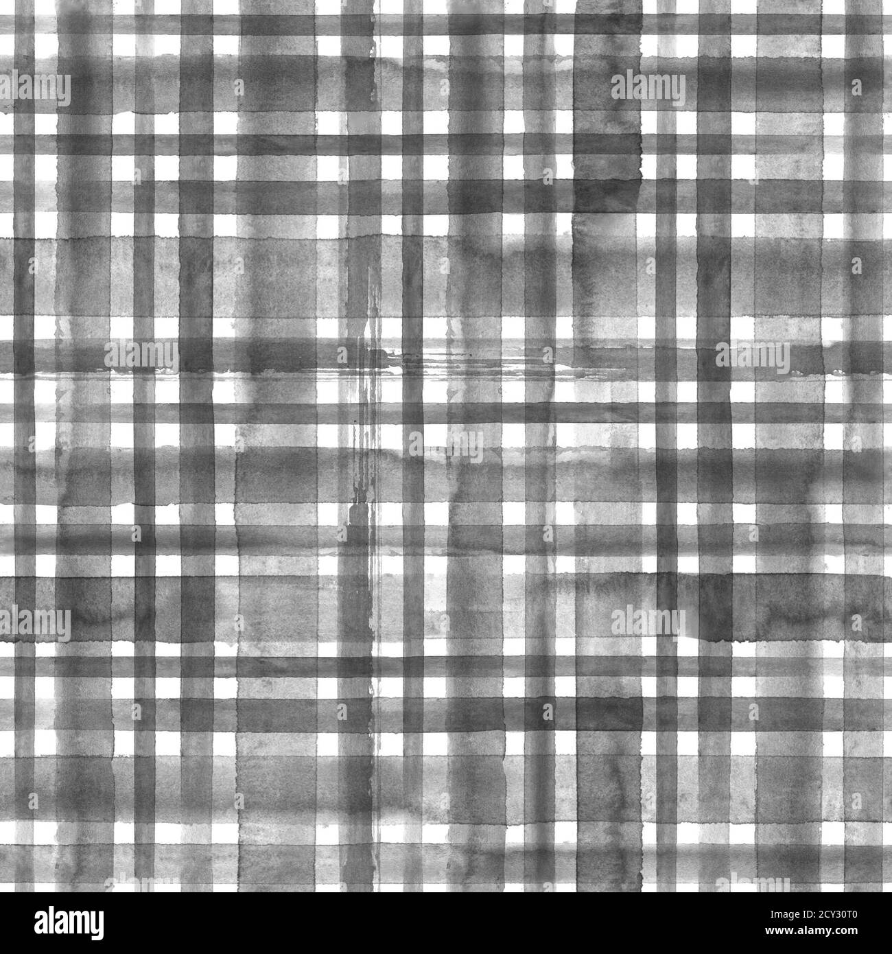 Black and white grunge gingham tartan plaid abstract geometric seamless texture background. Watercolor hand drawn seamless pattern with black stripes. Stock Photo