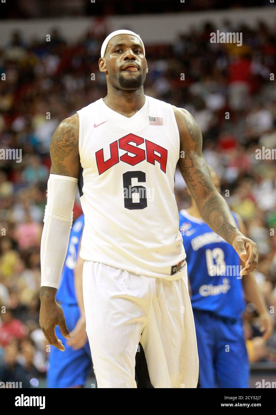 Lebron James Of The U S 12 Olympic Men S Basketball Team Walks On The Court During An Exhibition Game Against The Dominican Republic At The Thomas Mack Center In Las Vegas Nevada