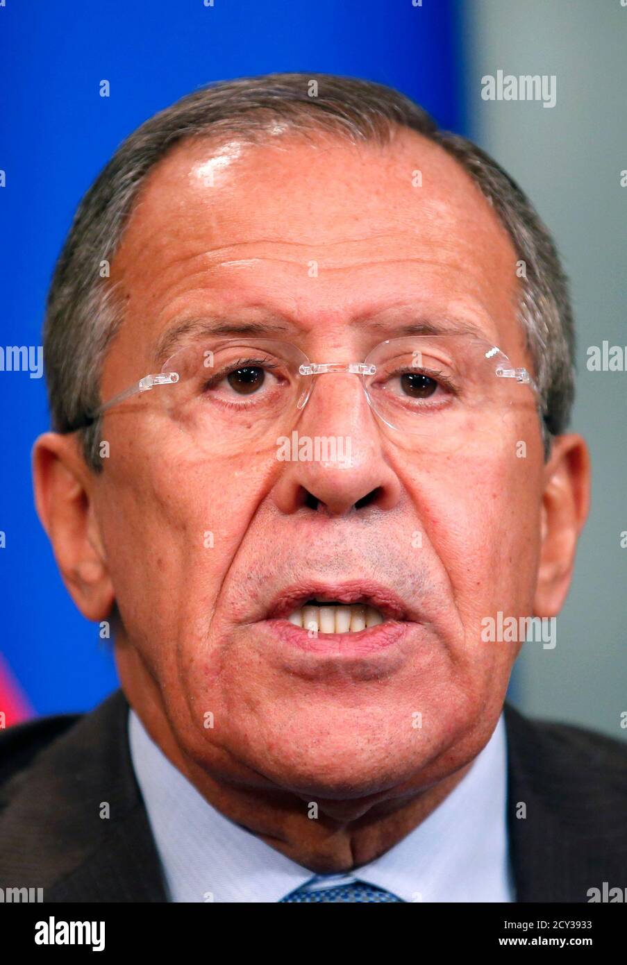 Russian Foreign Minister Sergei Lavrov speaks during a news conference after a meeting with his Iranian counterpart Javad Zarif in Moscow, August 29, 2014. Lavrov said on Friday that allegations Russia's military is fighting in eastern Ukraine are 'conjecture'. REUTERS/Maxim Zmeyev (RUSSIA - Tags: POLITICS HEADSHOT) Stock Photo