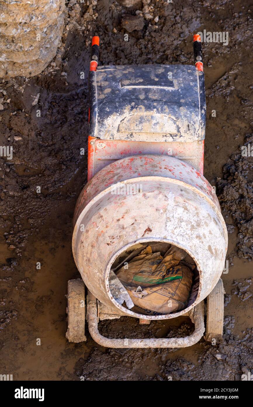 Cement concrete mixer, top down view, equipment used on construction