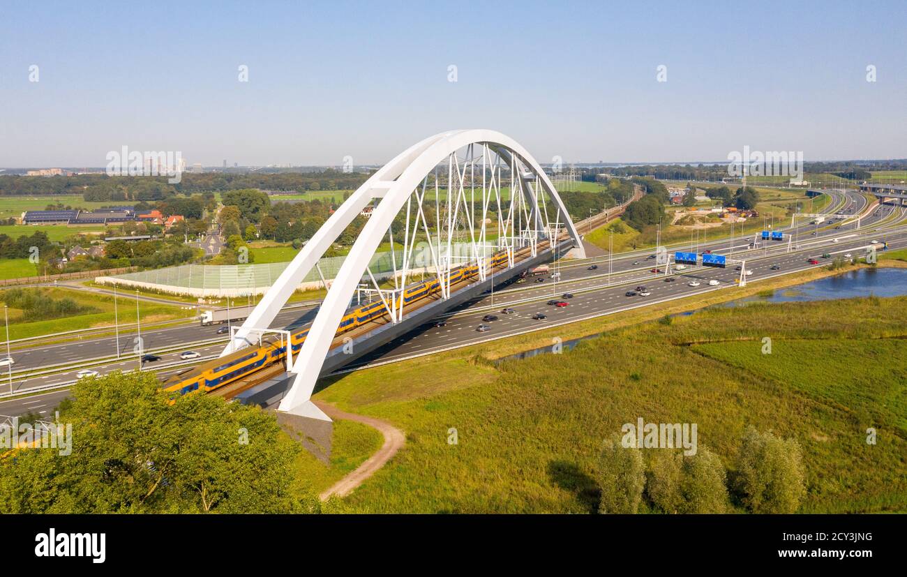 Zandhazenbrug train bridge over the A1 from Amersfoort to Amsterdam Stock Photo