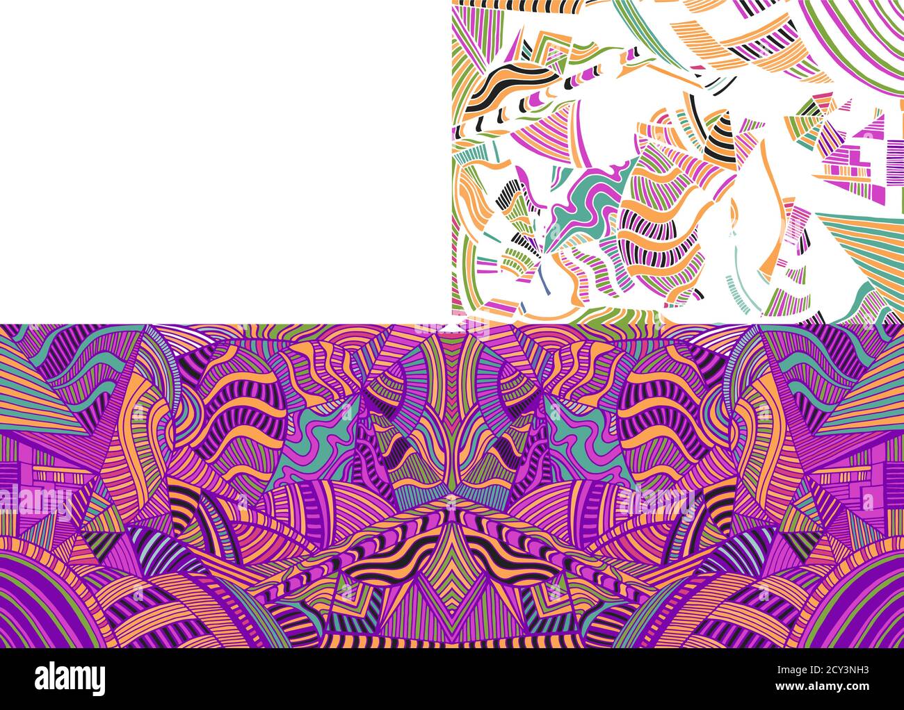 Psychedelic kaleidoscope colorful background with many crazy geometric pattern. Stock Vector