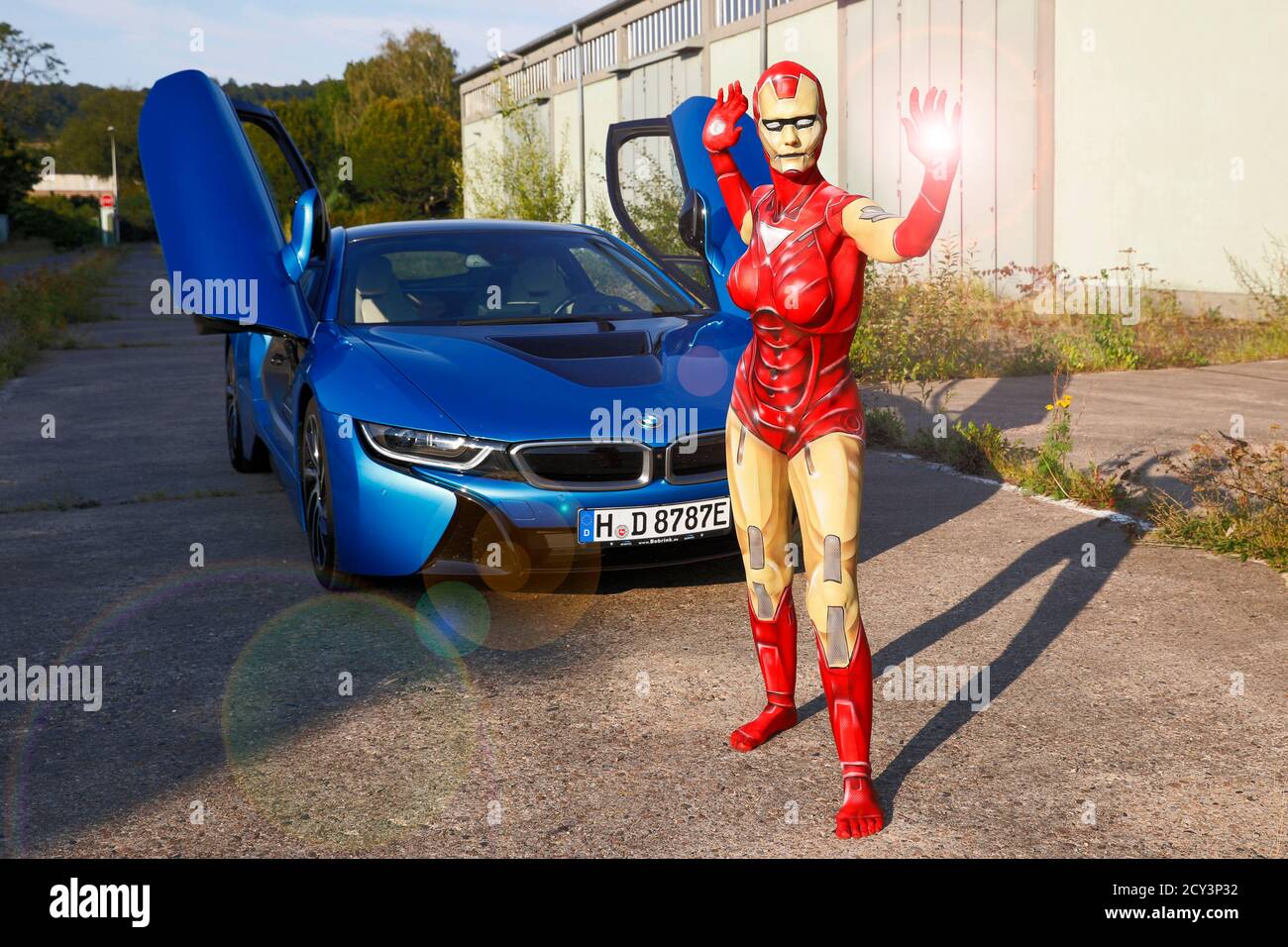 GEEK ART - Bodypainting and Transformaking: Iron Woman with René-Claire Meinkold at the elektroma site in Hamelin on September 30, 2020 - A project by the photographer Tschiponnique Skupin and the bodypainter Enrico Lein Stock Photo
