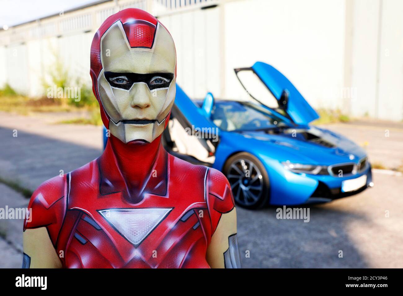 GEEK ART - Bodypainting and Transformaking: Iron Woman with René-Claire Meinkold at the elektroma site in Hamelin on September 30, 2020 - A project by the photographer Tschiponnique Skupin and the bodypainter Enrico Lein Stock Photo
