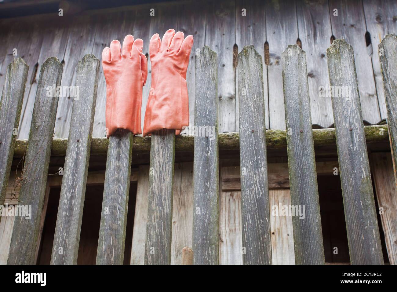 rubber work gloves on a fence at the farm Stock Photo Alamy