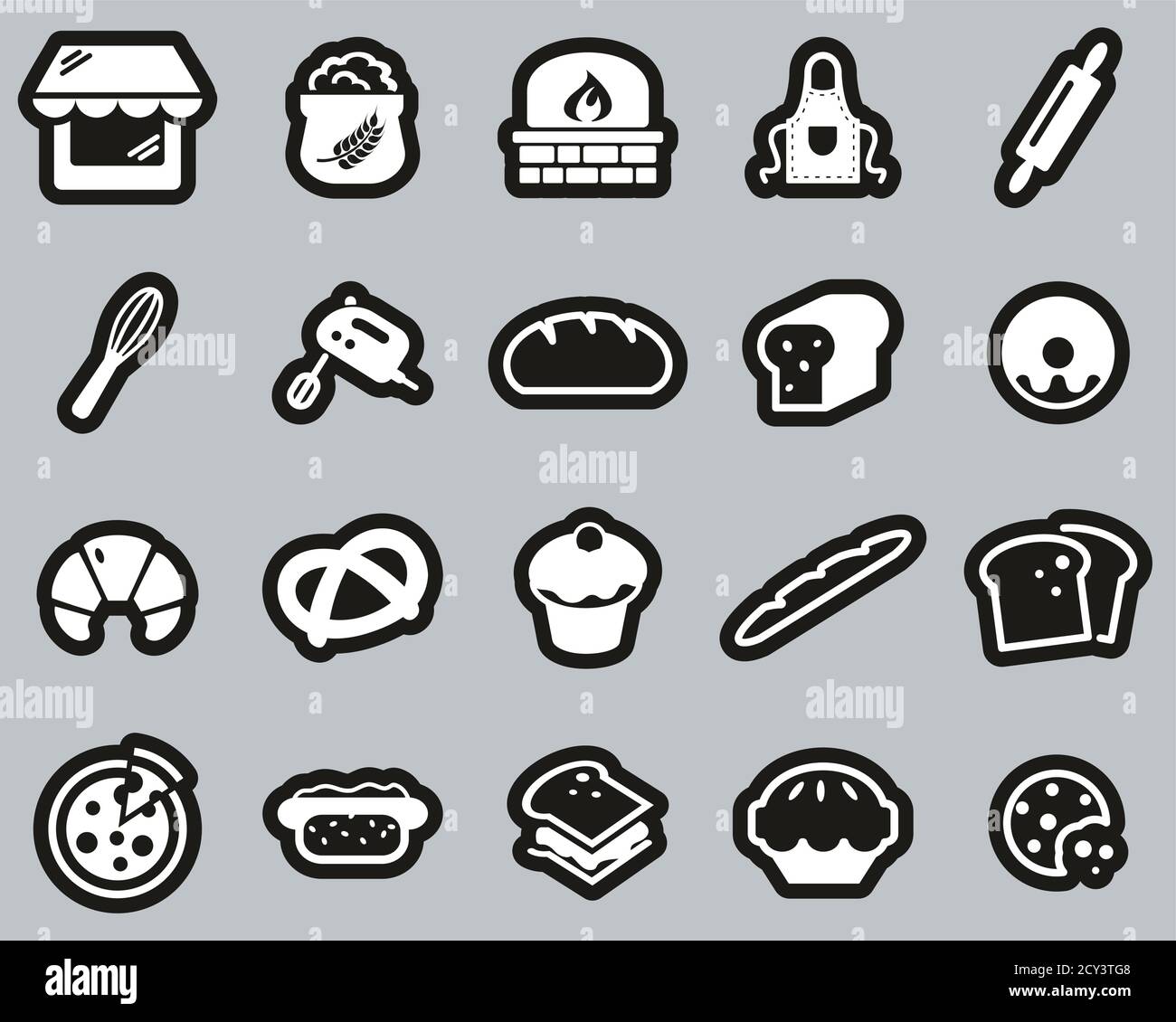 Bakery Or Bakehouse Icons White On Black Sticker Set Big Stock Vector