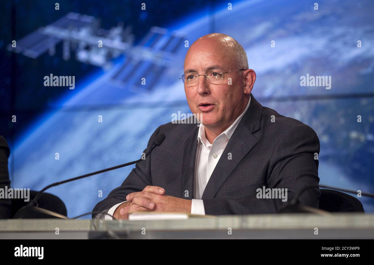 Mike Suffredini, NASA manager of the International Space Station Program speaks at a media event after an unmanned Space Exploration Technologies (SpaceX) Falcon 9 rocket broke apart after liftoff in Cape Canaveral, Florida, June 28, 2015. The rocket exploded about two minutes after liftoff from Cape Canaveral Air Force Station on Sunday, destroying a cargo ship bound for the International Space Station, NASA said.  REUTERS/Mike Brown Stock Photo