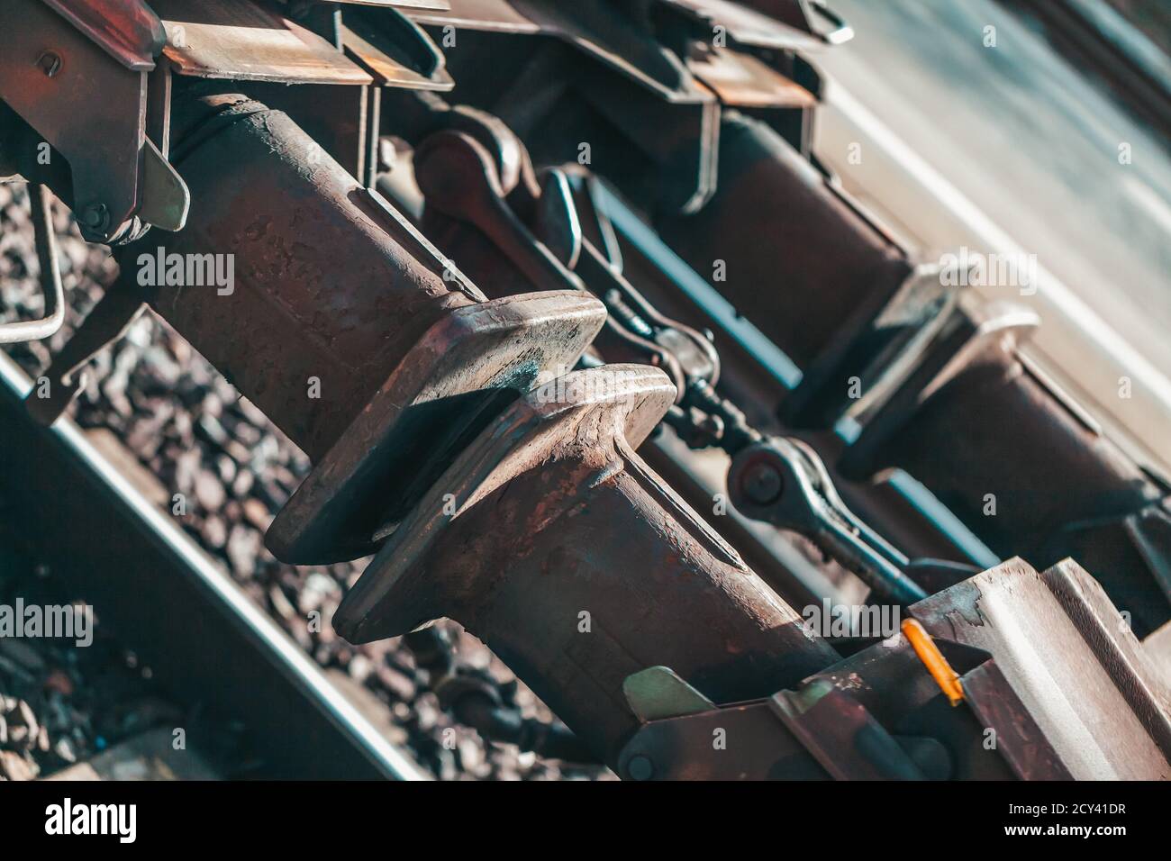 Close up picture of coupled train buffers Stock Photo
