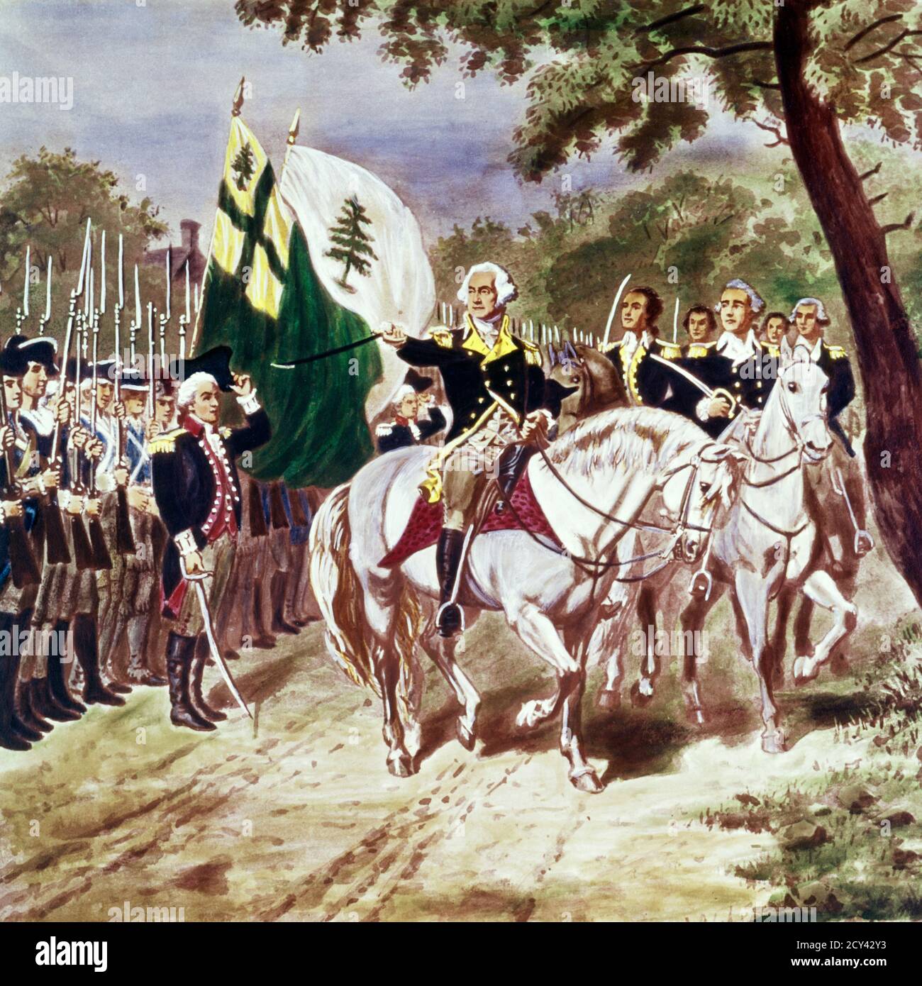 1770s JULY 3, 1775 GEORGE WASHINGTON ON HORSEBACK TAKING COMMAND OF THE COLONIAL CONTINENTAL ARMY IN CAMBRIDGE MASSACHUSETTS USA - ka753 SPL001 HARS STRENGTH STRATEGY EXCITEMENT LEADERSHIP POLITICIAN POWERFUL CONTINENTAL 1776 AUTHORITY OCCUPATIONS PATRIOT POLITICS TROOPS UNIFORMS WAR OF INDEPENDENCE CONNECTION CONCEPTUAL JULY 3 MUSKET REVOLUTIONARY WAR GEORGE WASHINGTON REVOLT AMERICAN REVOLUTIONARY WAR CAMBRIDGE 1770s AMERICAN REVOLUTION COLONIES COMMAND COOPERATION MAMMAL STATESMAN TOGETHERNESS 1775 FOUNDING FATHER MILITIA OLD FASHIONED VIRGINIAN Stock Photo