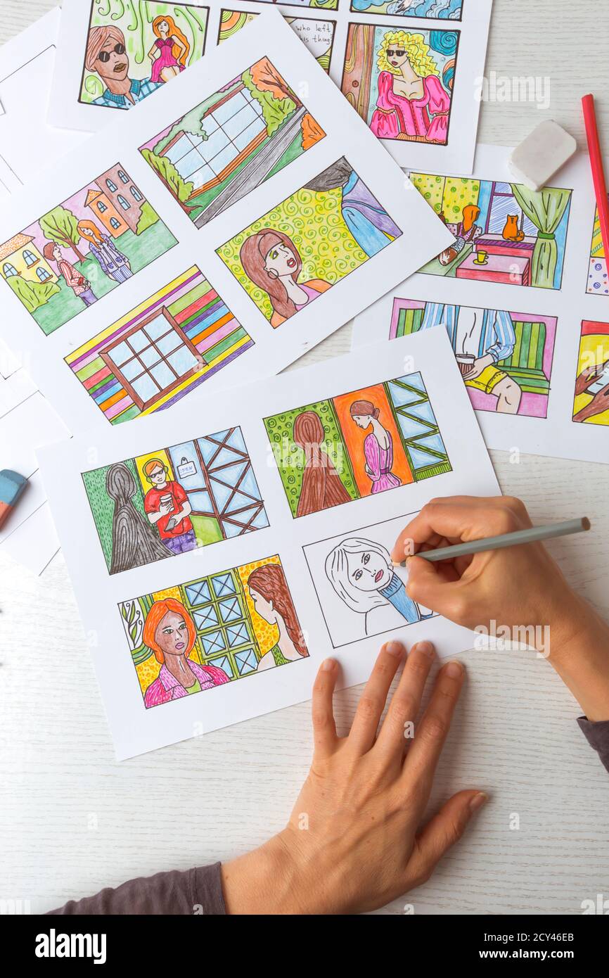 An Animator Painter Draws A Color Storyboard For A Comic Book Or Movie An Illustrator Seated At His Desk Creates A Storyboard For A Cartoon Stock Photo Alamy