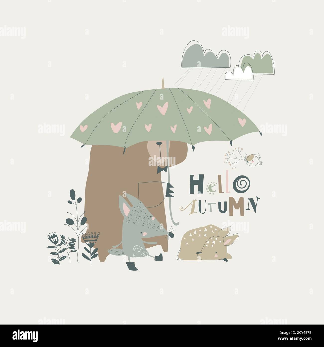 Funny animals under umbrella. Autumn time. Rainy weather Stock Vector Image  & Art - Alamy
