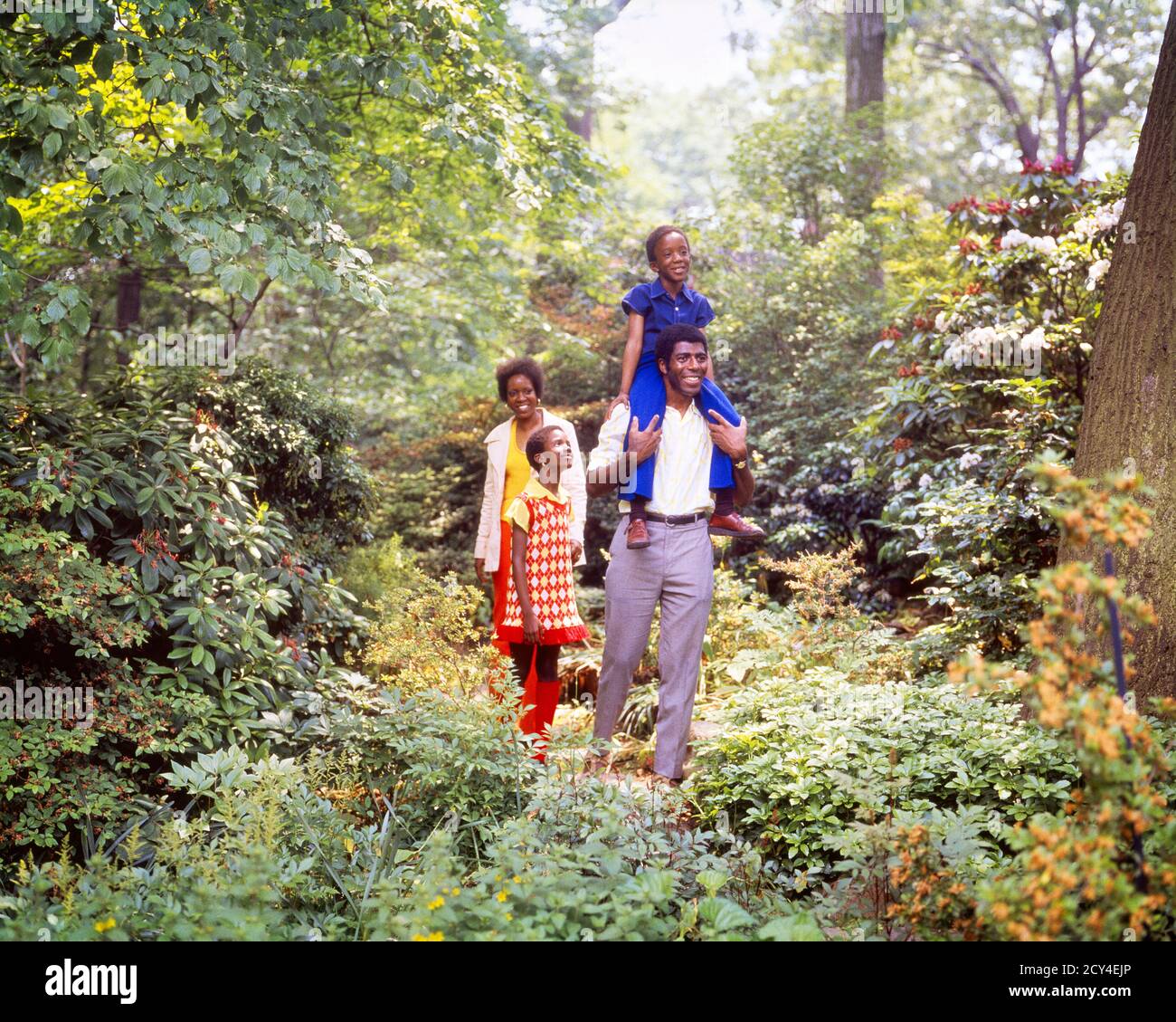 1970s AFRICAN-AMERICAN FAMILY WALKING IN WOODLAND NATURE TRAIL PARK MOTHER FATHER DAUGHTER AND SON RIDING ON DAD’S SHOULDERS - kj5232 PHT001 HARS PAIR 4 SUBURBAN COLOR MOTHERS OLD TIME NOSTALGIA BROTHER OLD FASHION SISTER 1 JUVENILE STYLE SONS FAMILIES JOY LIFESTYLE SATISFACTION FEMALES BROTHERS RURAL HEALTHINESS NATURE COPY SPACE FRIENDSHIP FULL-LENGTH LADIES DAUGHTERS PERSONS INSPIRATION MALES SIBLINGS SISTERS FATHERS SUMMERTIME HAPPINESS WELLNESS ADVENTURE AFRICAN-AMERICANS AFRICAN-AMERICAN AND DADS LOW ANGLE RECREATION BLACK ETHNICITY PRIDE SIBLING CONNECTION JUVENILES MOMS RELAXATION Stock Photo