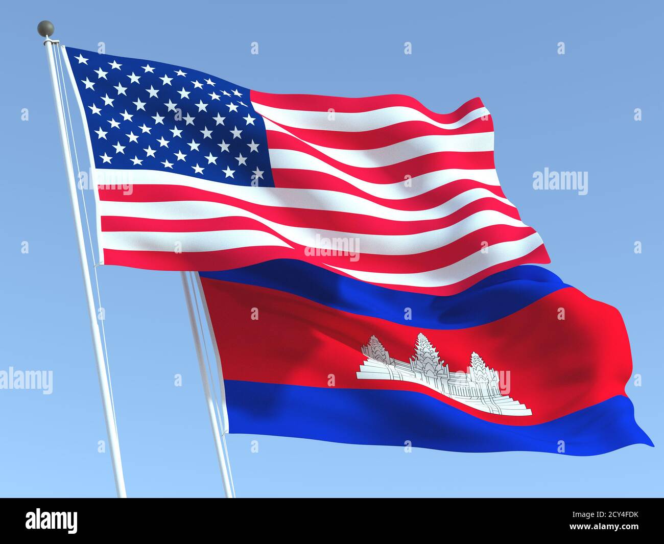 Two waving state flags of United States and Cambodia on the blue sky ...