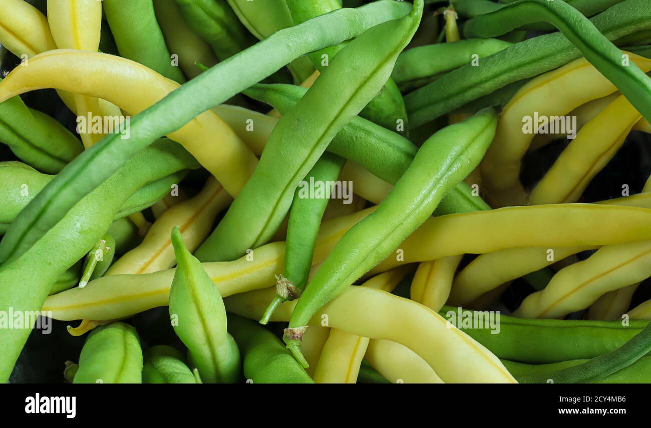 Fresh raw green and yellow bean pods like natural background close-up, top view Stock Photo