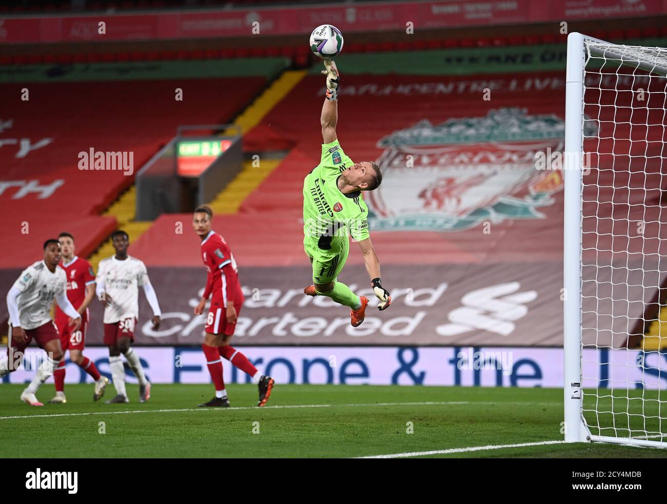 Arsenal goalkeeper Bernd Leno makes a save during the Carabao Cup fourth  round match at Anfield, Liverpool Stock Photo - Alamy