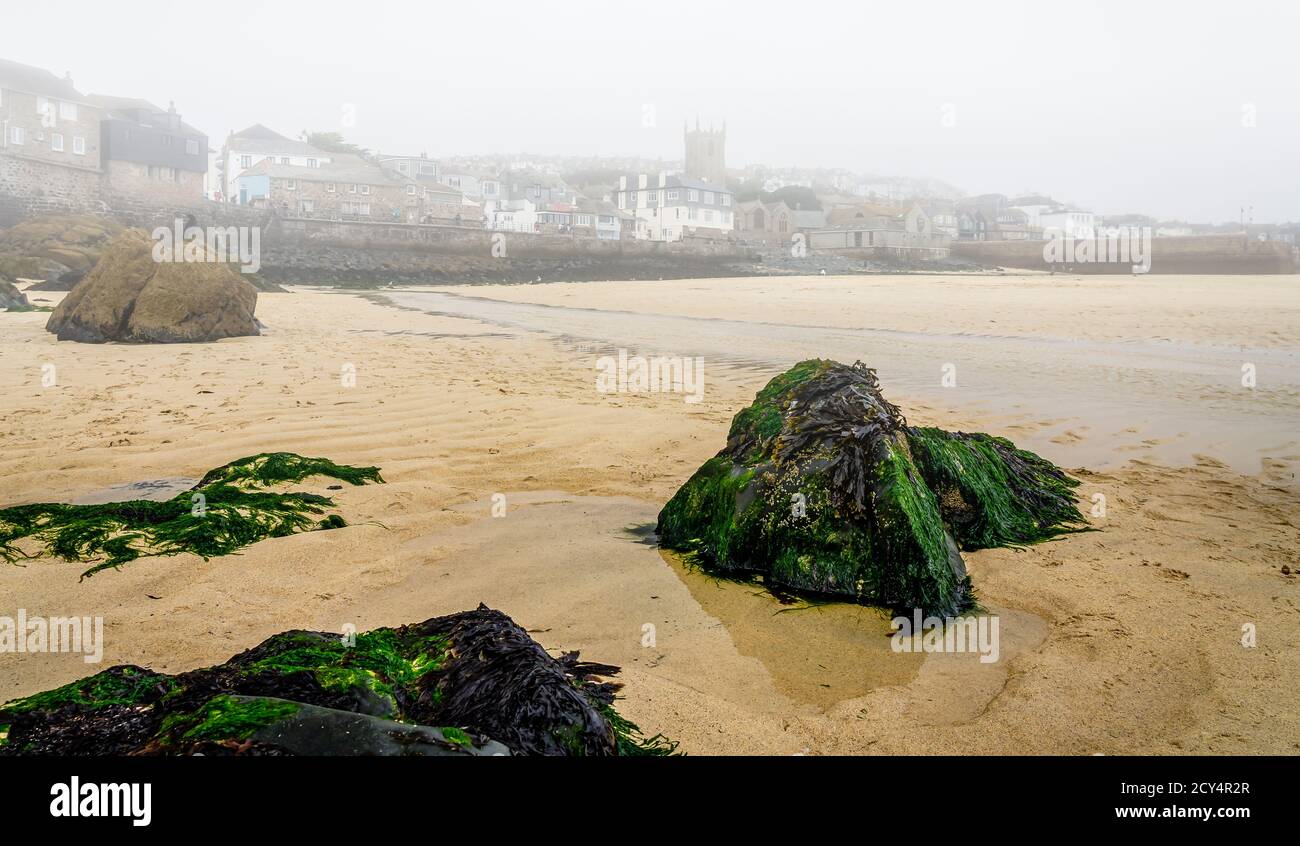 Rocks exposed at low tide on a misty morning in St.Ives harbour Stock Photo