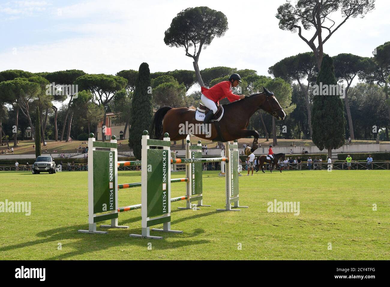 Cavalli a Piazza di Siena - Horses on Piazza di Siena in Rome Stock Photo